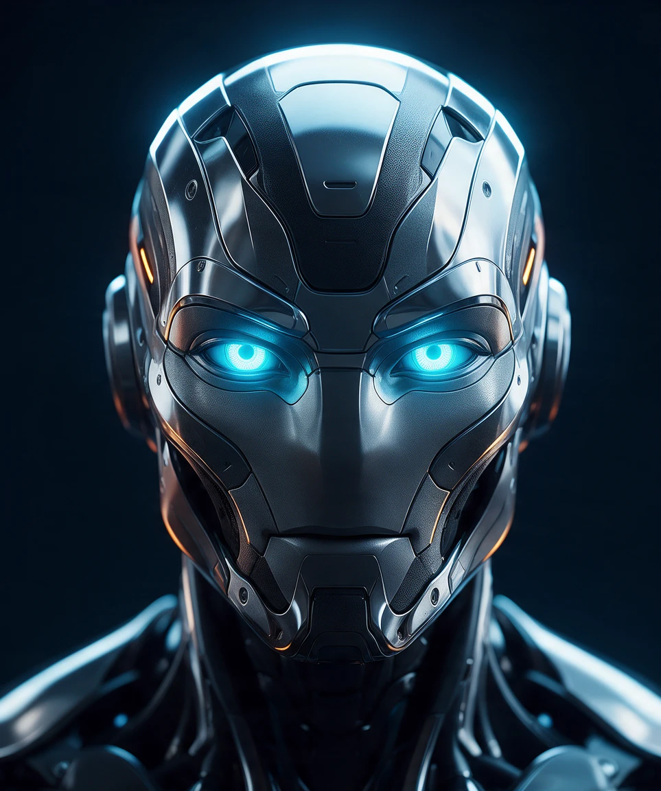 An armoured chrome intelligence agent with cyan eyes and orange accents